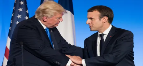 US President Donald Trump shaking hands with French President Emmanuel Macron