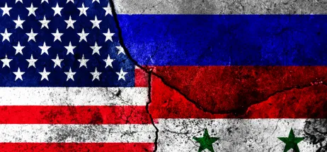 US, Russian, and Syrian flags